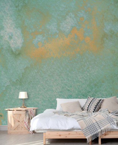 mural abstracto azul y dorado llamado Dreamy Sea Hues de Bilge Paksoylu para baños y cocinas