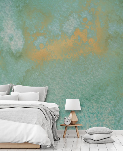 blått og gull abstrakt veggmaleri kalt Dreamy Sea Hues av Bilge Paksoylu for bad og kjøkken