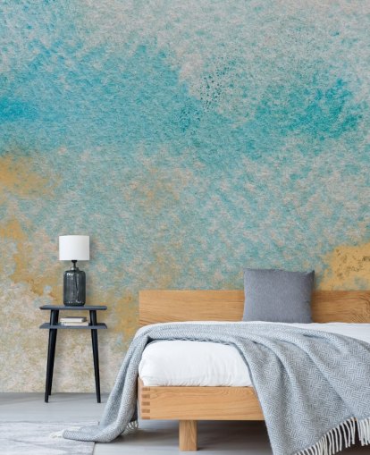 Personalisierbares abstraktes Wandbild in Blau und Gold mit dem Titel Dreamy Sky Textures von Bilge Paksoylu