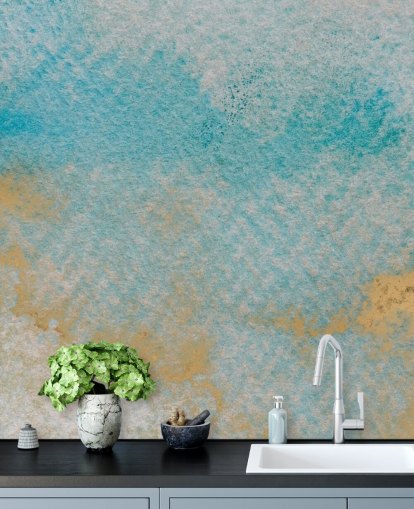 blå og guld tilpasselig abstrakt vægmaleri kaldet Dreamy Sky Textures af Bilge Paksoylu