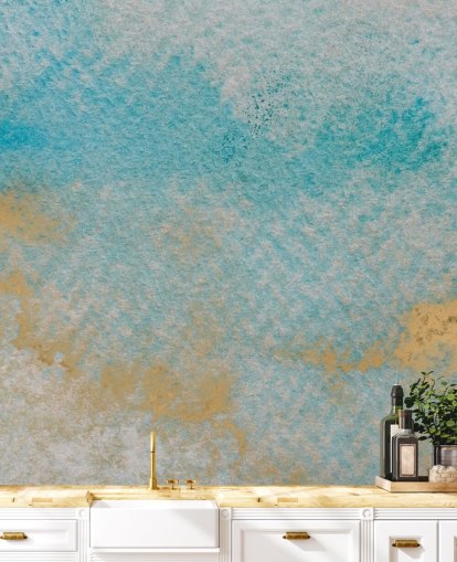 Personalisierbares abstraktes Wandbild in Blau und Gold mit dem Titel Dreamy Sky Textures von Bilge Paksoylu