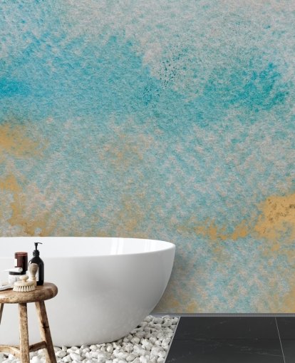 Personalisierbares abstraktes Wandbild in Blau und Gold mit dem Titel Dreamy Sky Textures von Bilge Paksoylu