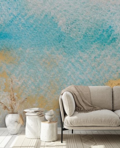 mural abstracto personalizable azul y dorado llamado Dreamy Sky Textures de Bilge Paksoylu