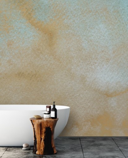gold and blue custom abstract mural called Ethereal Drift by Bilge Paksoylu for bathrooms