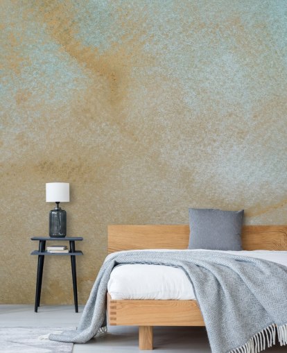 gold and blue custom abstract mural called Ethereal Drift by Bilge Paksoylu for bathrooms