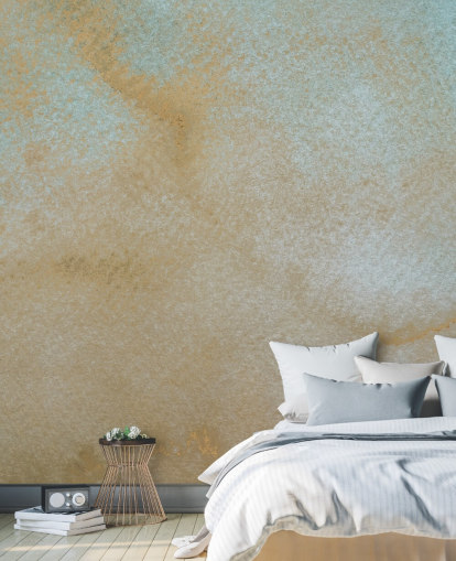 gold and blue custom abstract mural called Ethereal Drift by Bilge Paksoylu for bathrooms