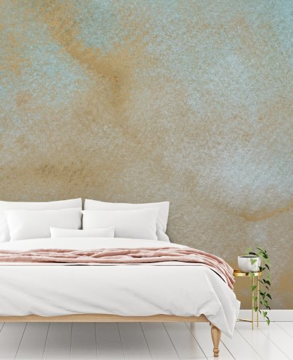mural abstracto personalizado dorado y azul llamado Ethereal Drift de Bilge Paksoylu para baños