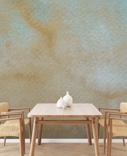 mural abstrato personalizado em ouro e azul chamado Ethereal Drift de Bilge Paksoylu para banheiros