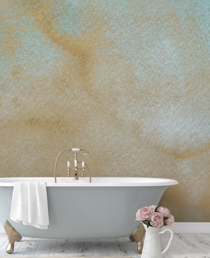 mural abstracto personalizado dorado y azul llamado Ethereal Drift de Bilge Paksoylu para baños