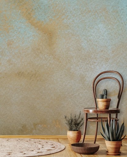 mural abstracto personalizado dorado y azul llamado Ethereal Drift de Bilge Paksoylu para baños