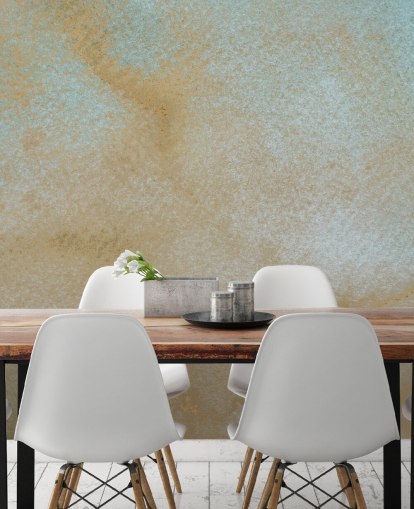gouden en blauwe abstracte muurschildering op maat genaamd Ethereal Drift van Bilge Paksoylu voor badkamers gouden en blauwe abstracte muurschildering op maat genaamd Ethereal Drift van Bilge Paksoylu voor badkamers