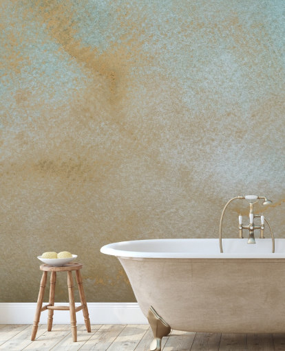 mural abstrato personalizado em ouro e azul chamado Ethereal Drift de Bilge Paksoylu para banheiros