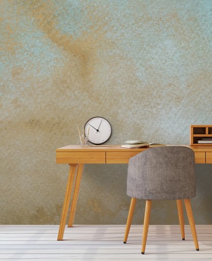 gold and blue custom abstract mural called Ethereal Drift by Bilge Paksoylu for bathrooms
