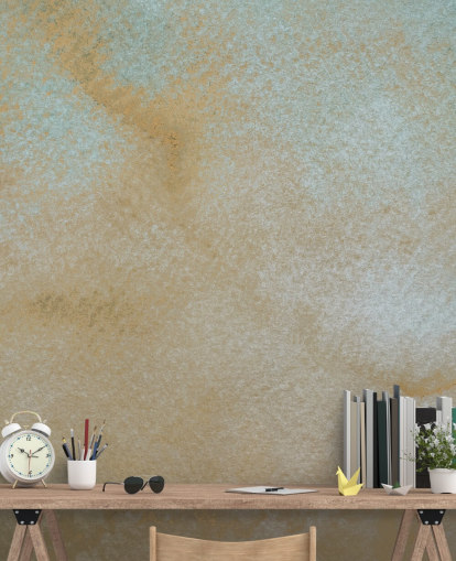 mural abstrato personalizado em ouro e azul chamado Ethereal Drift de Bilge Paksoylu para banheiros