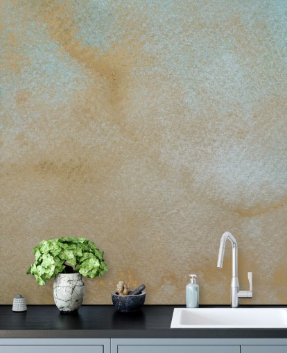gold and blue custom abstract mural called Ethereal Drift by Bilge Paksoylu for bathrooms