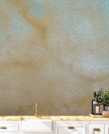 gold and blue custom abstract mural called Ethereal Drift by Bilge Paksoylu for bathrooms