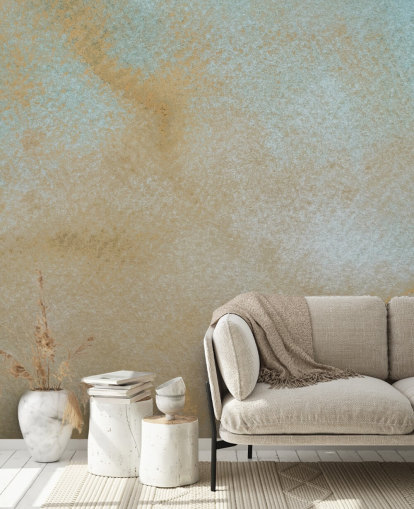 gold and blue custom abstract mural called Ethereal Drift by Bilge Paksoylu for bathrooms