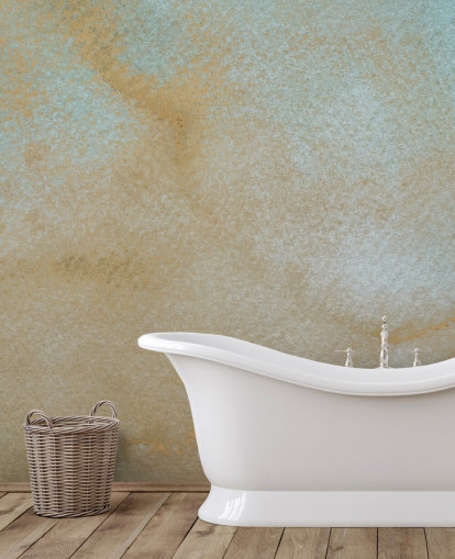 peinture murale abstraite personnalisée dorée et bleue appelée Ethereal Drift par Bilge Paksoylu pour salles de bain peinture murale abstraite personnalisée dorée et bleue appelée Ethereal Drift par Bilge Paksoylu pour salles de bain