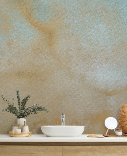 gold and blue custom abstract mural called Ethereal Drift by Bilge Paksoylu for bathrooms