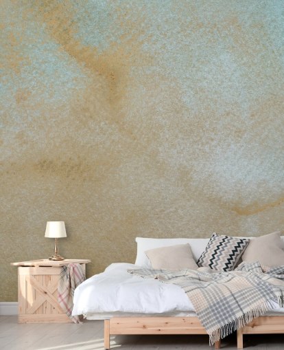 mural abstracto personalizado dorado y azul llamado Ethereal Drift de Bilge Paksoylu para baños