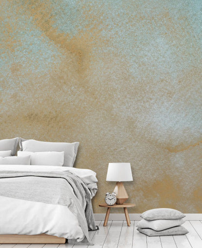 mural abstracto personalizado dorado y azul llamado Ethereal Drift de Bilge Paksoylu para baños mural abstracto personalizado dorado y azul llamado Ethereal Drift de Bilge Paksoylu para baños