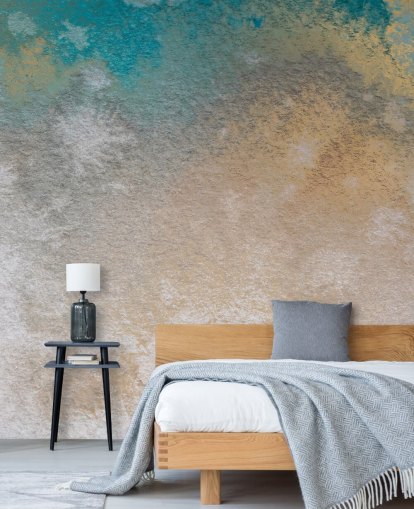 peinture murale abstraite personnalisée dorée et bleue appelée Ethereal Horizon par Bilge Paksoylu