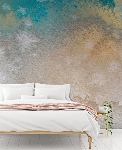 individuelles abstraktes Wandbild in Gold und Blau namens Ethereal Horizon von Bilge Paksoylu