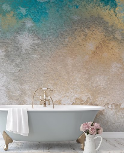 gouden en blauwe abstracte muurschildering op maat genaamd Ethereal Horizon van Bilge Paksoylu
