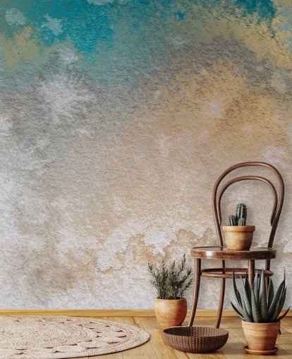 mural abstracto personalizado dorado y azul llamado Ethereal Horizon de Bilge Paksoylu