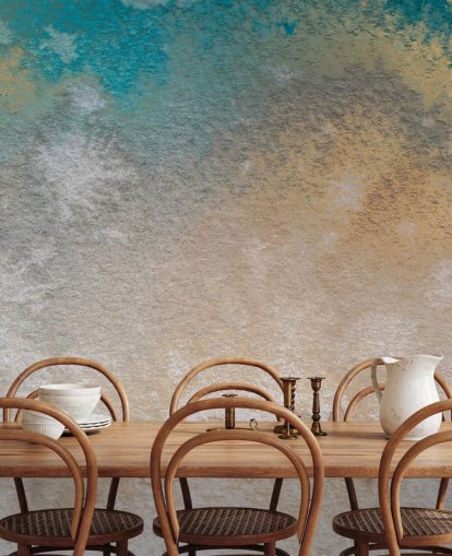 mural abstracto personalizado dorado y azul llamado Ethereal Horizon de Bilge Paksoylu