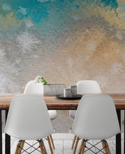 mural abstracto personalizado dorado y azul llamado Ethereal Horizon de Bilge Paksoylu