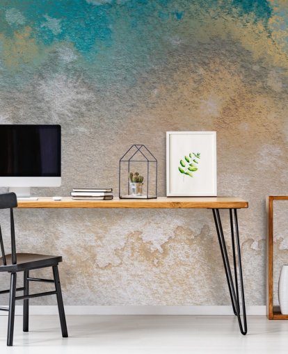 murale astratto personalizzato in oro e blu chiamato Ethereal Horizon di Bilge Paksoylu