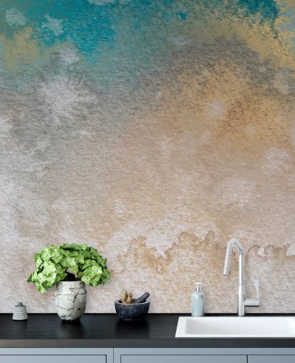 gold and blue custom abstract mural called Ethereal Horizon by Bilge Paksoylu