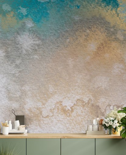 mural abstracto personalizado dorado y azul llamado Ethereal Horizon de Bilge Paksoylu