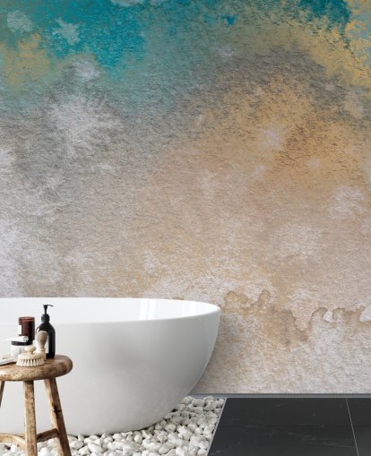 gouden en blauwe abstracte muurschildering op maat genaamd Ethereal Horizon van Bilge Paksoylu