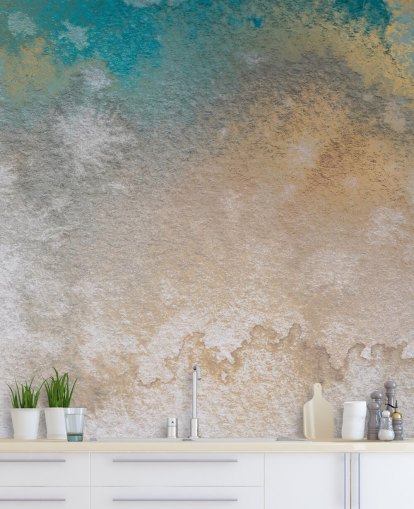 gold and blue custom abstract mural called Ethereal Horizon by Bilge Paksoylu