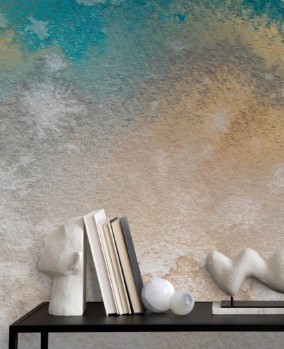 gold and blue custom abstract mural called Ethereal Horizon by Bilge Paksoylu gold and blue custom abstract mural called Ethereal Horizon by Bilge Paksoylu