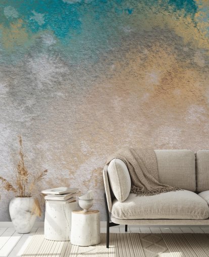 gold and blue custom abstract mural called Ethereal Horizon by Bilge Paksoylu