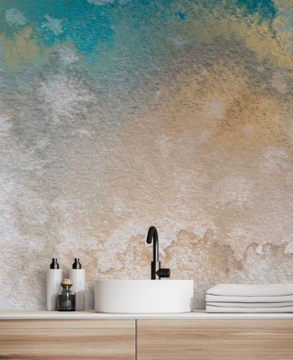 mural abstrato personalizado em ouro e azul chamado Ethereal Horizon de Bilge Paksoylu