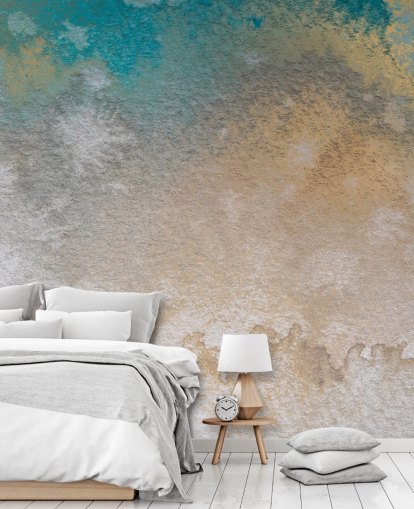 gold and blue custom abstract mural called Ethereal Horizon by Bilge Paksoylu