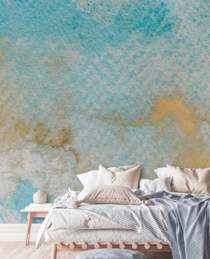murale astratto blu personalizzabile chiamato Ethereal Sky Horizons di Bilge Paksoylu per camere da letto e bagni