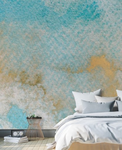 mural abstracto azul personalizable llamado Ethereal Sky Horizons de Bilge Paksoylu para dormitorios y baños
