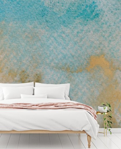 peinture murale abstraite bleue personnalisable appelée Ethereal Sky Horizons de Bilge Paksoylu pour les chambres et les salles de bain