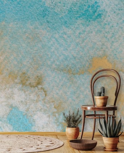 blauwe aanpasbare abstracte muurschildering genaamd Ethereal Sky Horizons van Bilge Paksoylu voor slaapkamers en badkamers