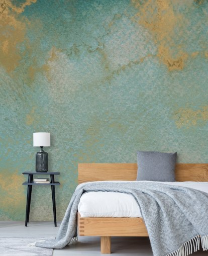 mural abstrato personalizado azul e dourado chamado Ethereal Mist de Bilge Paksoylu