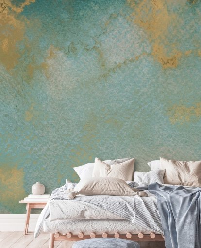 blauwe en gouden abstracte muurschildering op maat genaamd Ethereal Mist van Bilge Paksoylu blauwe en gouden abstracte muurschildering op maat genaamd Ethereal Mist van Bilge Paksoylu