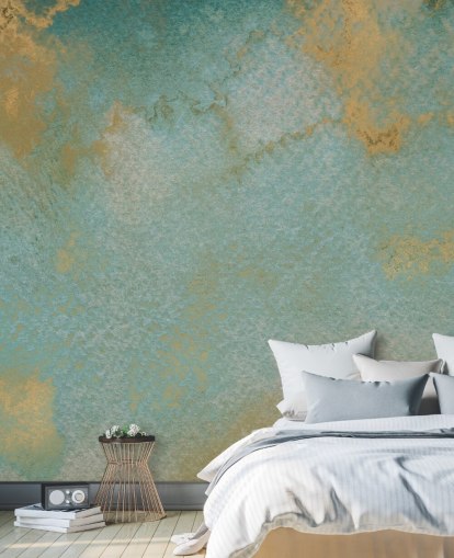 mural abstracto personalizado azul y dorado llamado Ethereal Mist de Bilge Paksoylu