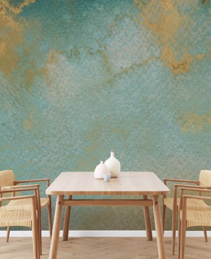 blue and gold custom abstract mural called Ethereal Mist by Bilge Paksoylu