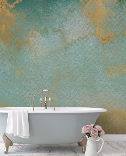 peinture murale abstraite personnalisée bleue et dorée appelée Ethereal Mist par Bilge Paksoylu