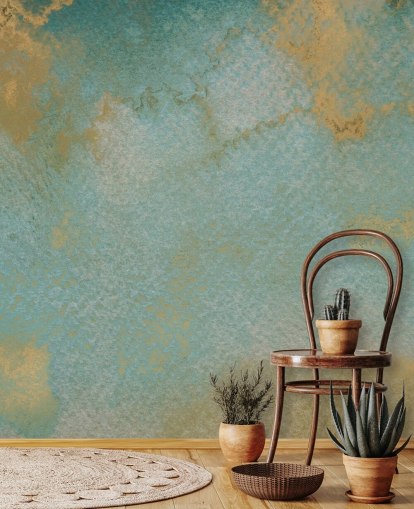 blue and gold custom abstract mural called Ethereal Mist by Bilge Paksoylu